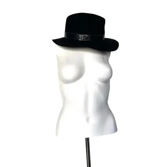 NWT Hat Attack Womens 100% Wool Felt Brimmed Fedora Leather Trim Black Hat - Picture 5 of 12